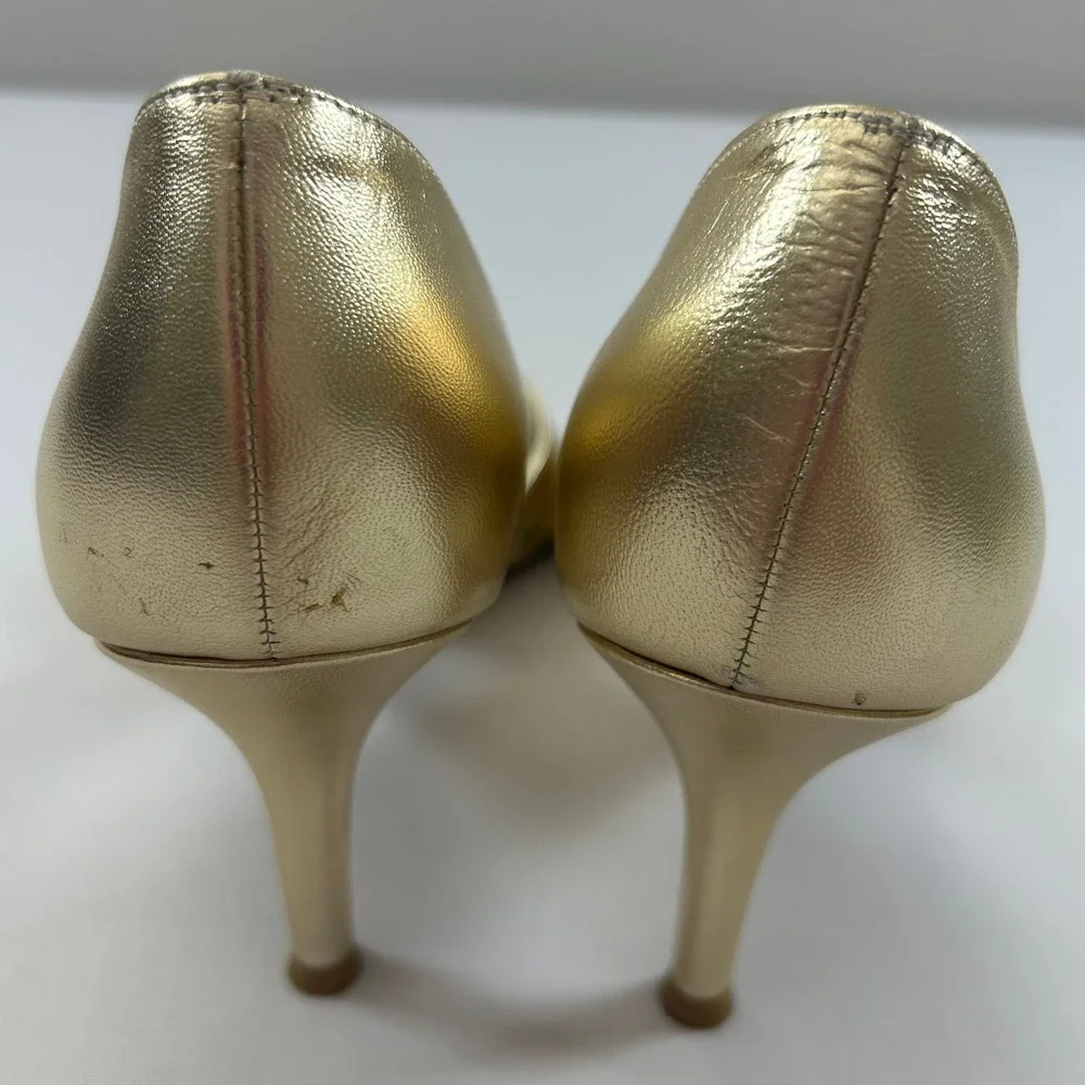 Stuart Weitzman Heels Crissy D'Orsay Womens 8 Gold‎ Leather Peep Toe Pumps